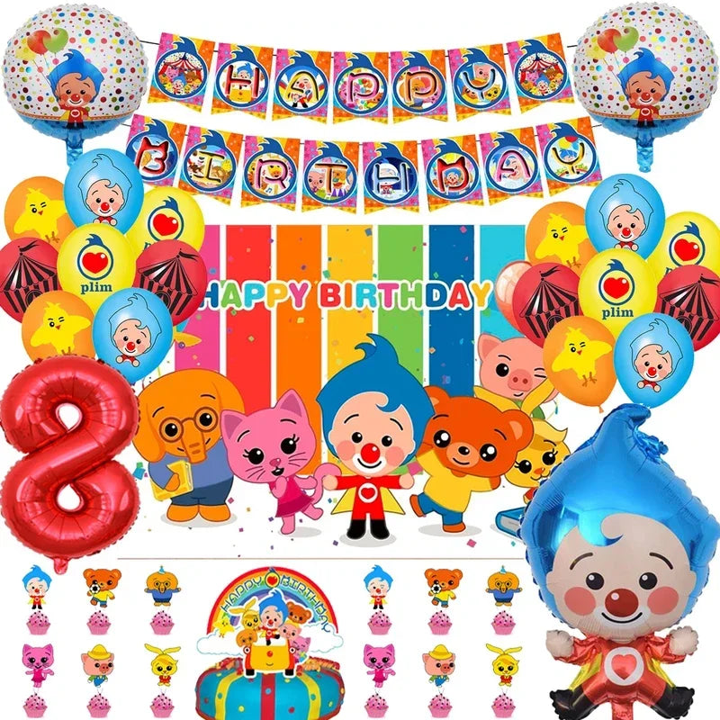 A collection of colorful balloons, banners, and decorations for a circus clown themed birthday party.