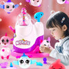 A girl is shown working on a pink and purple balloon modeling kit with an inflator tool, surrounded by various colorful ballo