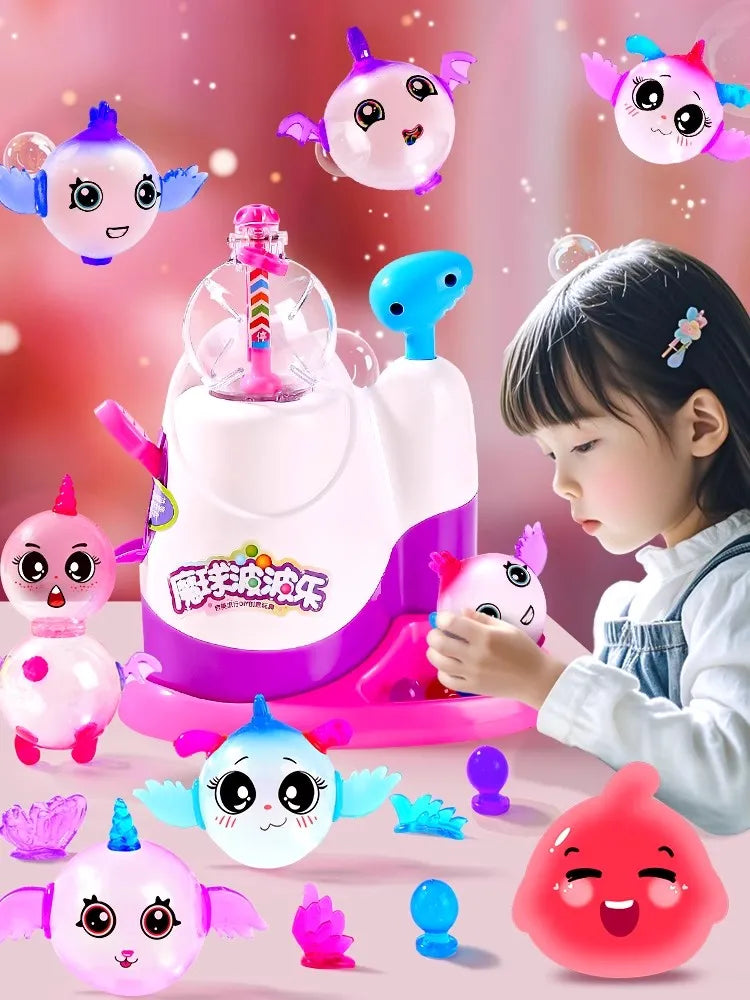 A girl is shown working on a pink and purple balloon modeling kit with an inflator tool, surrounded by various colorful ballo