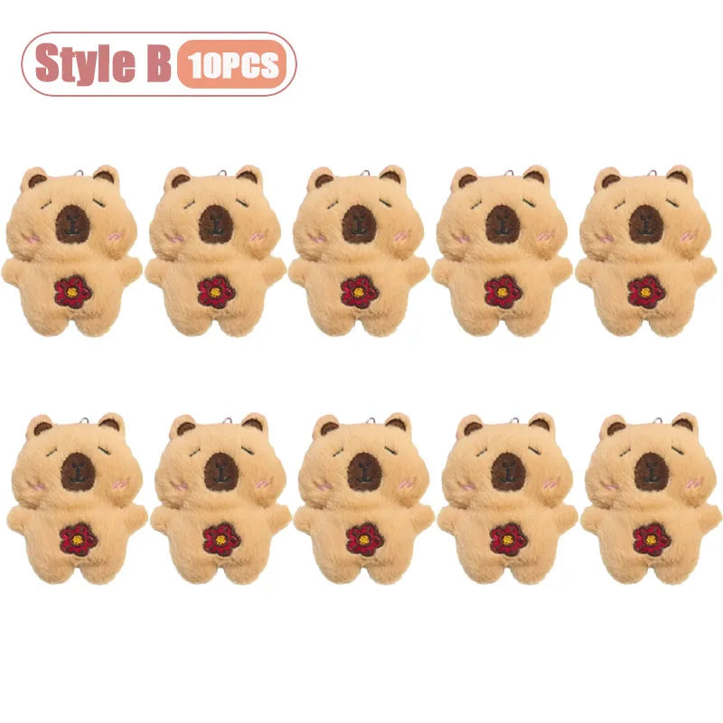 A set of ten cute brown plush capybara bears with floral details.