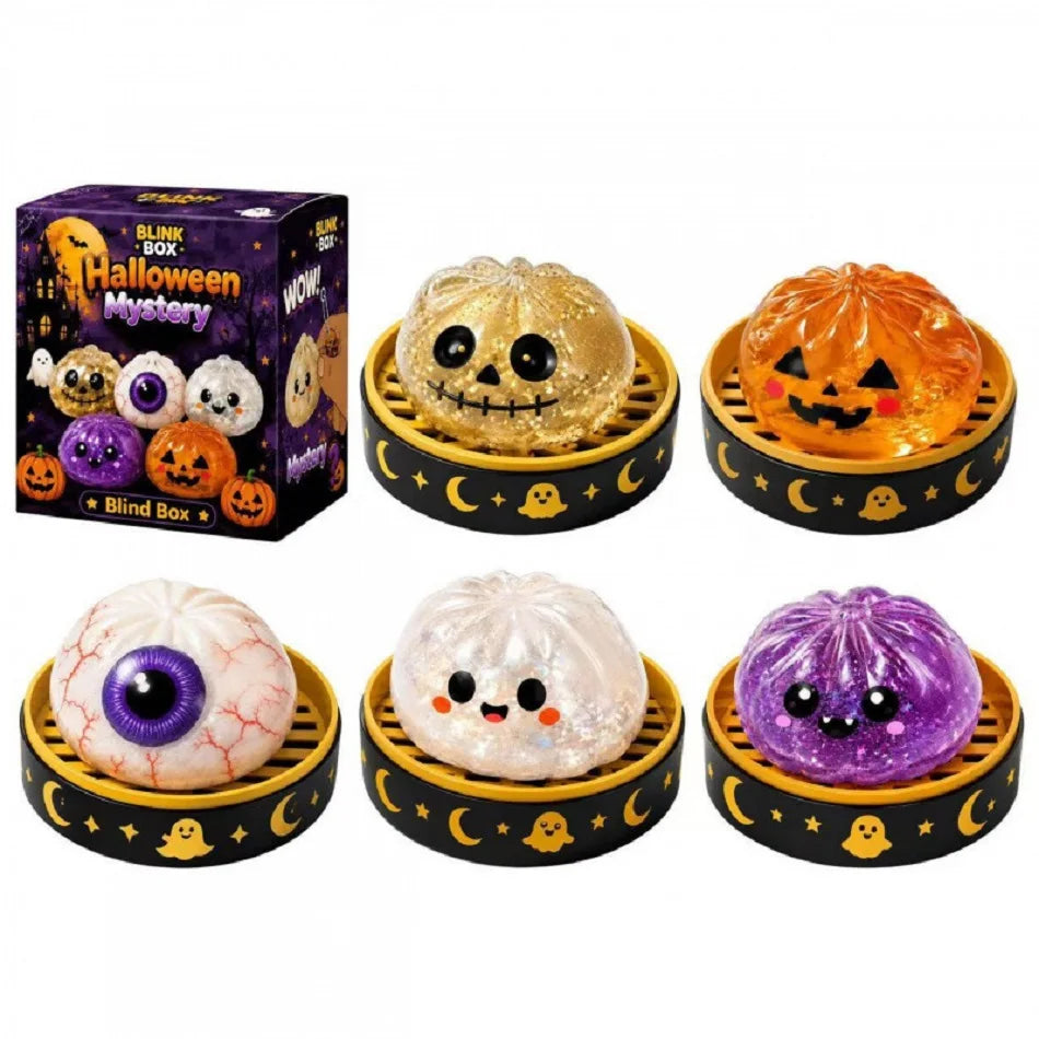 A collection of Halloween themed squishy stress relief toys including a box, a pumpkin skull, and various purple and orange e