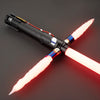 A black lightsaber hilt with a red blade is shown crossed, featuring a blue accent and visible electronics.
