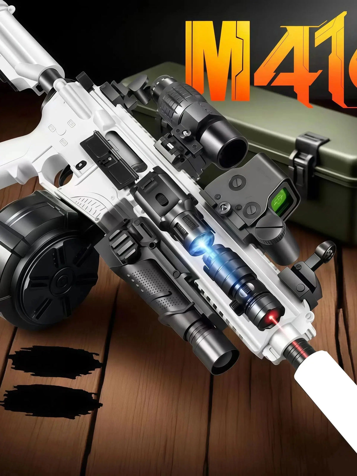 A white electric gel blaster gun with a black and silver finish is shown on a wooden surface.