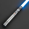 A silver lightsaber with a blue blade is shown diagonally against a dark gray background.