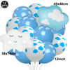 A bunch of light blue and white foil balloons shaped like clouds and a plane for birthday party decor