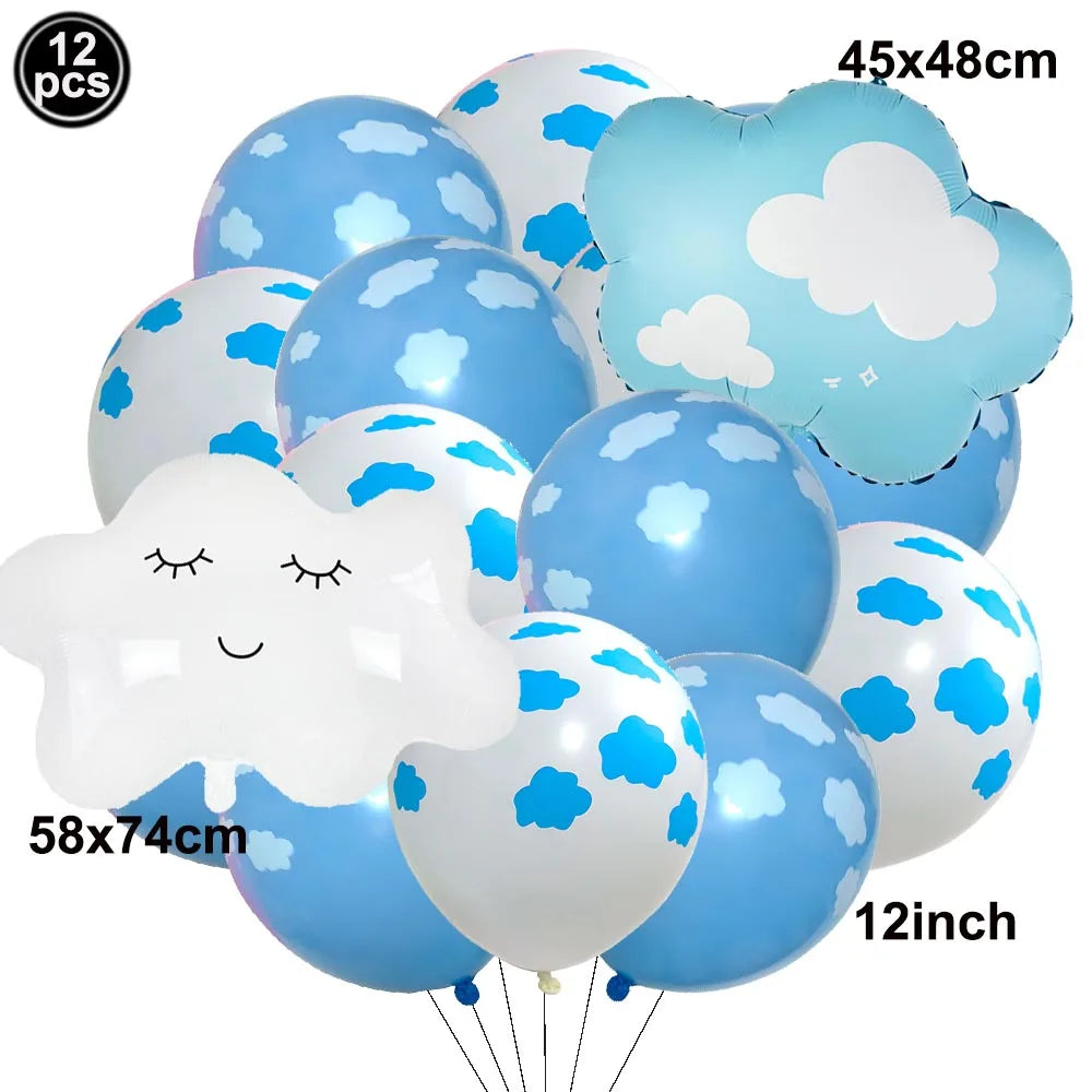 A bunch of light blue and white foil balloons shaped like clouds and a plane for birthday party decor