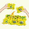 A set of yellow interlocking puzzle pieces forming a map or track layout for a DIY electric railroad car building kit.