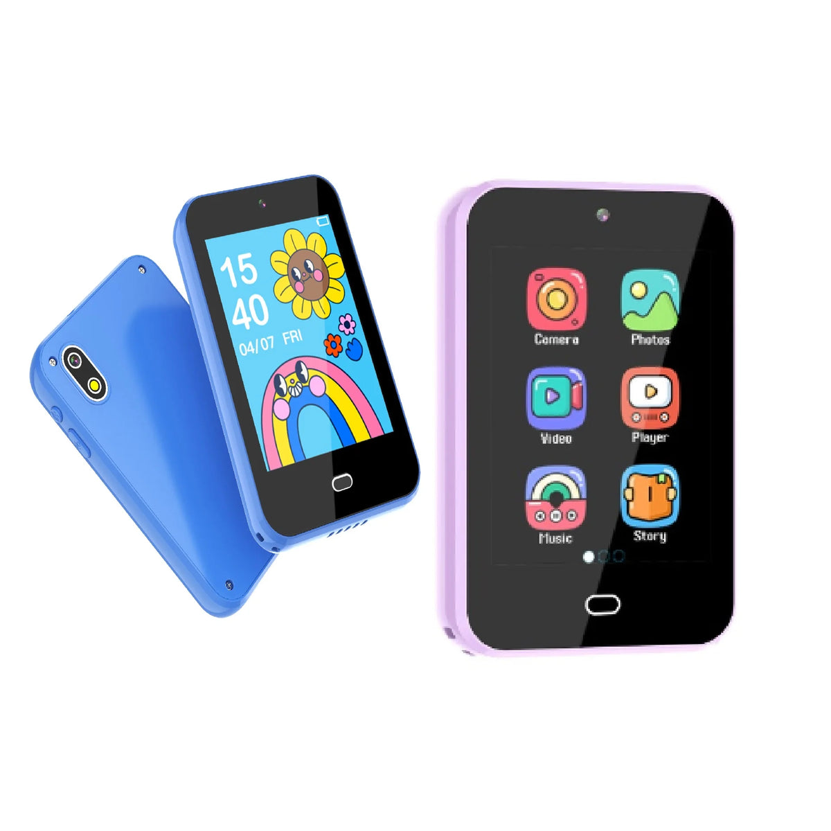 A purple smartphone is shown next to a blue smartphone, displaying various app icons.