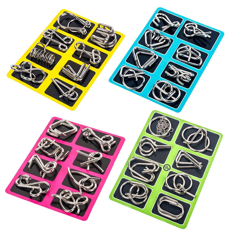A set of metal wire puzzles in various colors, including yellow, blue, pink, and green, designed as a brain teaser.