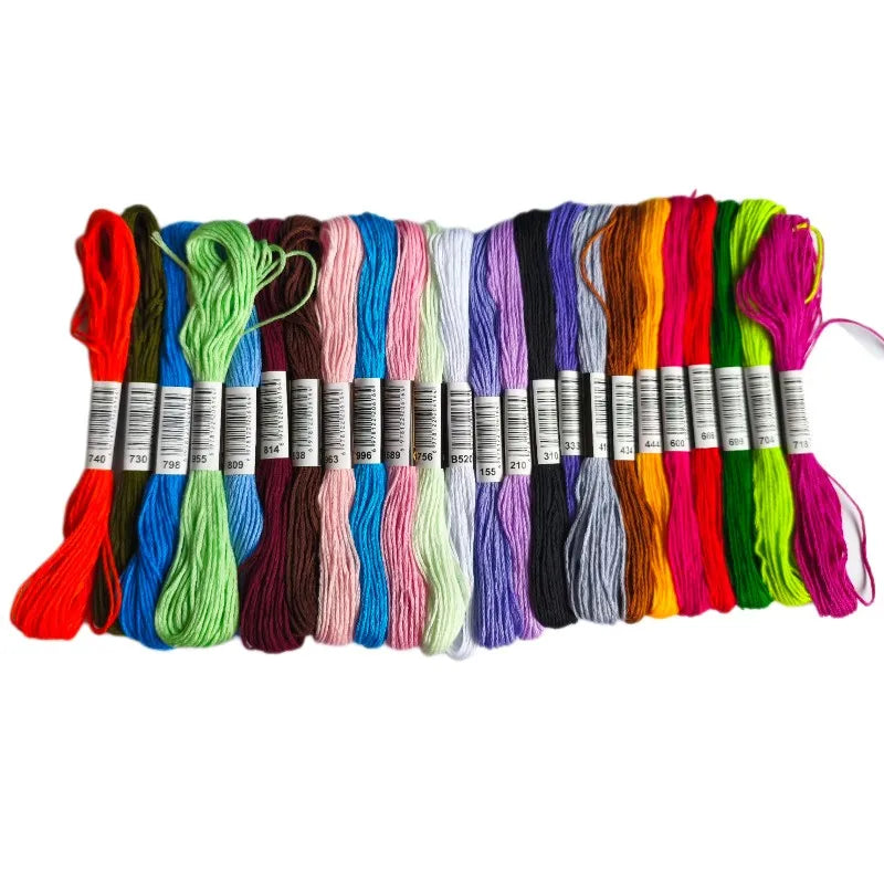 A collection of multicolor embroidery floss skeins in various shades and finishes.