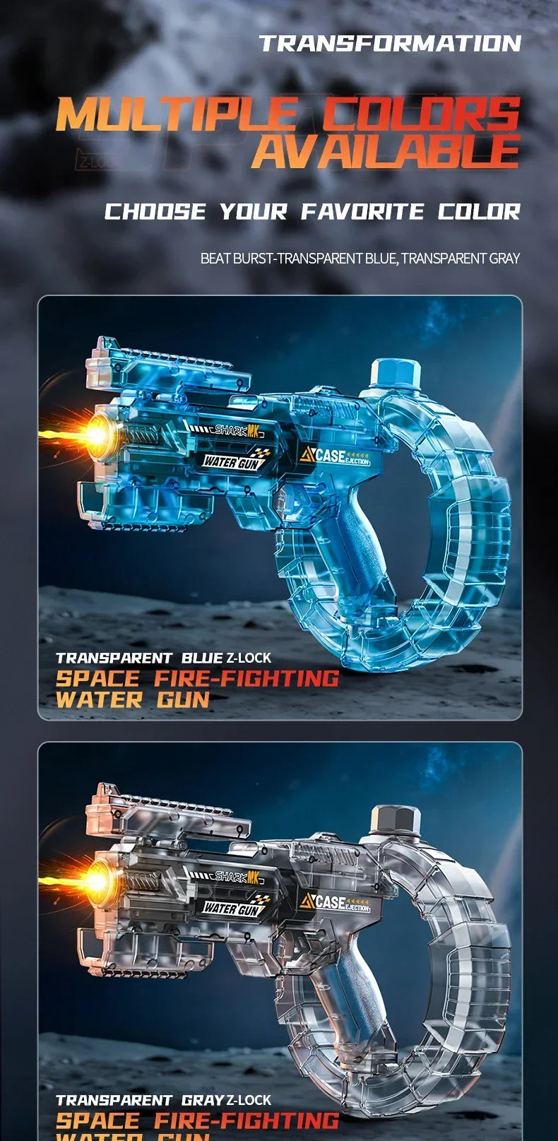 Transparent blue or gray space fire-fighting water gun with a translucent grip and firing mechanism.