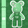 A green kawaii bear made of small building blocks is shown against a green background.