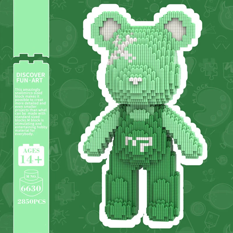 A green kawaii bear made of small building blocks is shown against a green background.