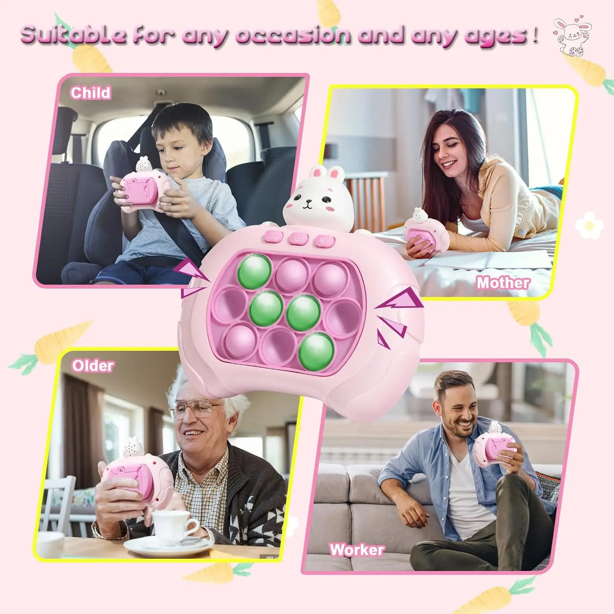 A pink Pop It fidget game console is shown being used by a child, mother, older person, and worker.