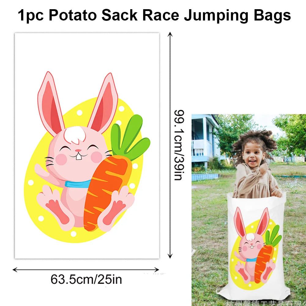 One potato sack race jumping bag featuring a cute pink rabbit and orange carrot design