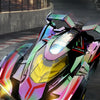 A futuristic, low-profile drift racing car with neon accents is shown in a dynamic angle on a track.