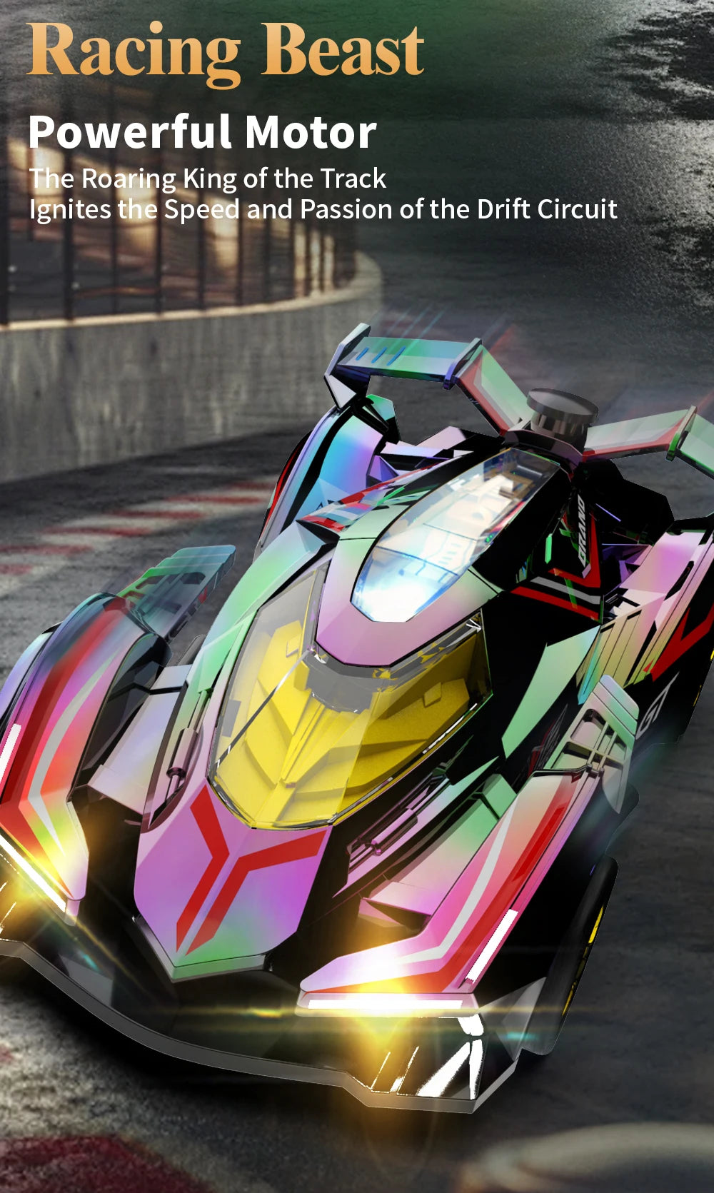 A futuristic, low-profile drift racing car with neon accents is shown in a dynamic angle on a track.