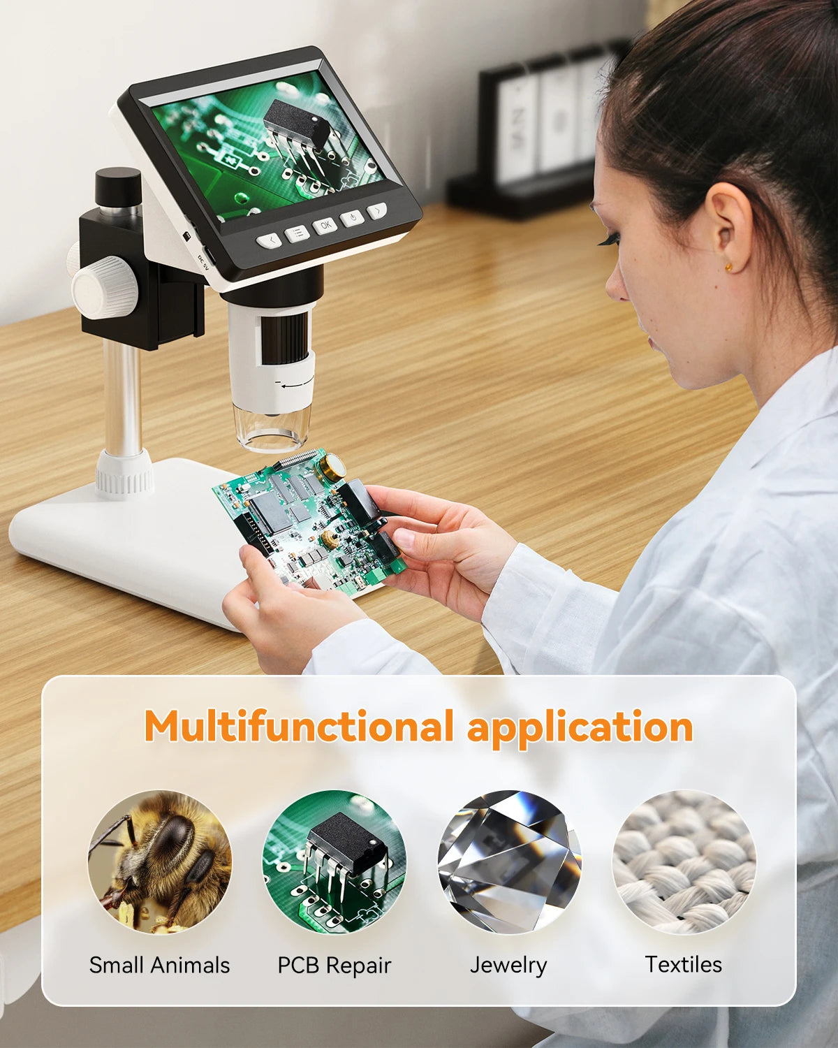 A woman is using a portable digital microscope to examine small animals, repair PCBs, jewelry, and textiles.