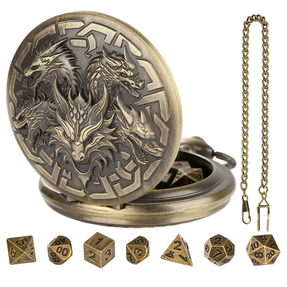 A brass steampunk dragon pocket watch dice case with seven small wooden dice.