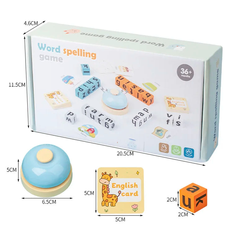 A wooden word spelling game box containing letter blocks and an English card for kids.