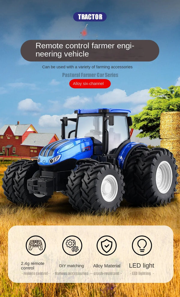 A blue tractor model with a cab is shown outdoors, ready for remote control farming accessories.