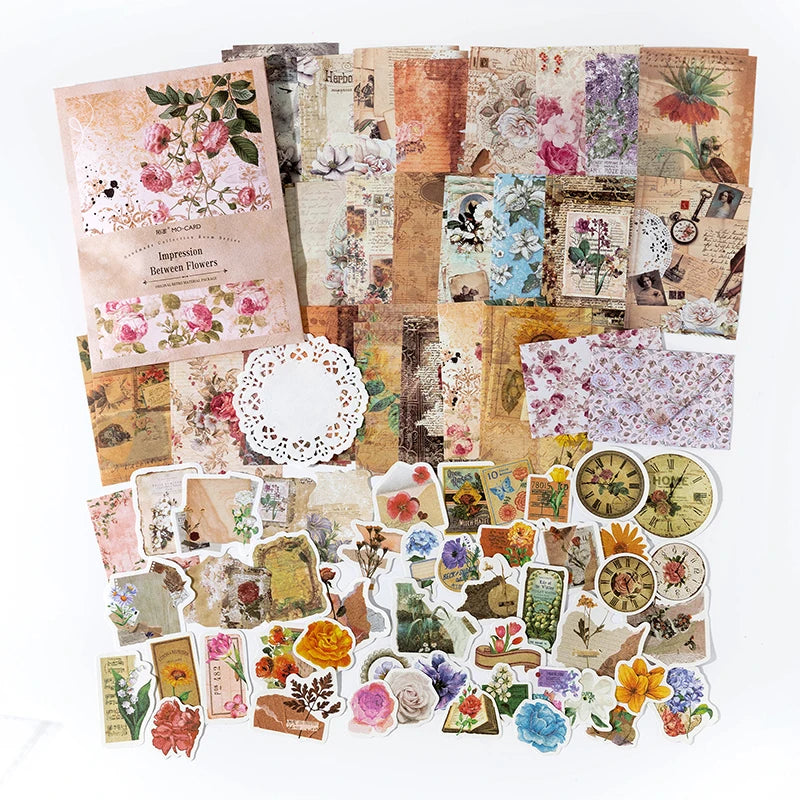 A collection of vintage paper and stickers featuring floral designs, including pressed flowers and botanical illustrations.
