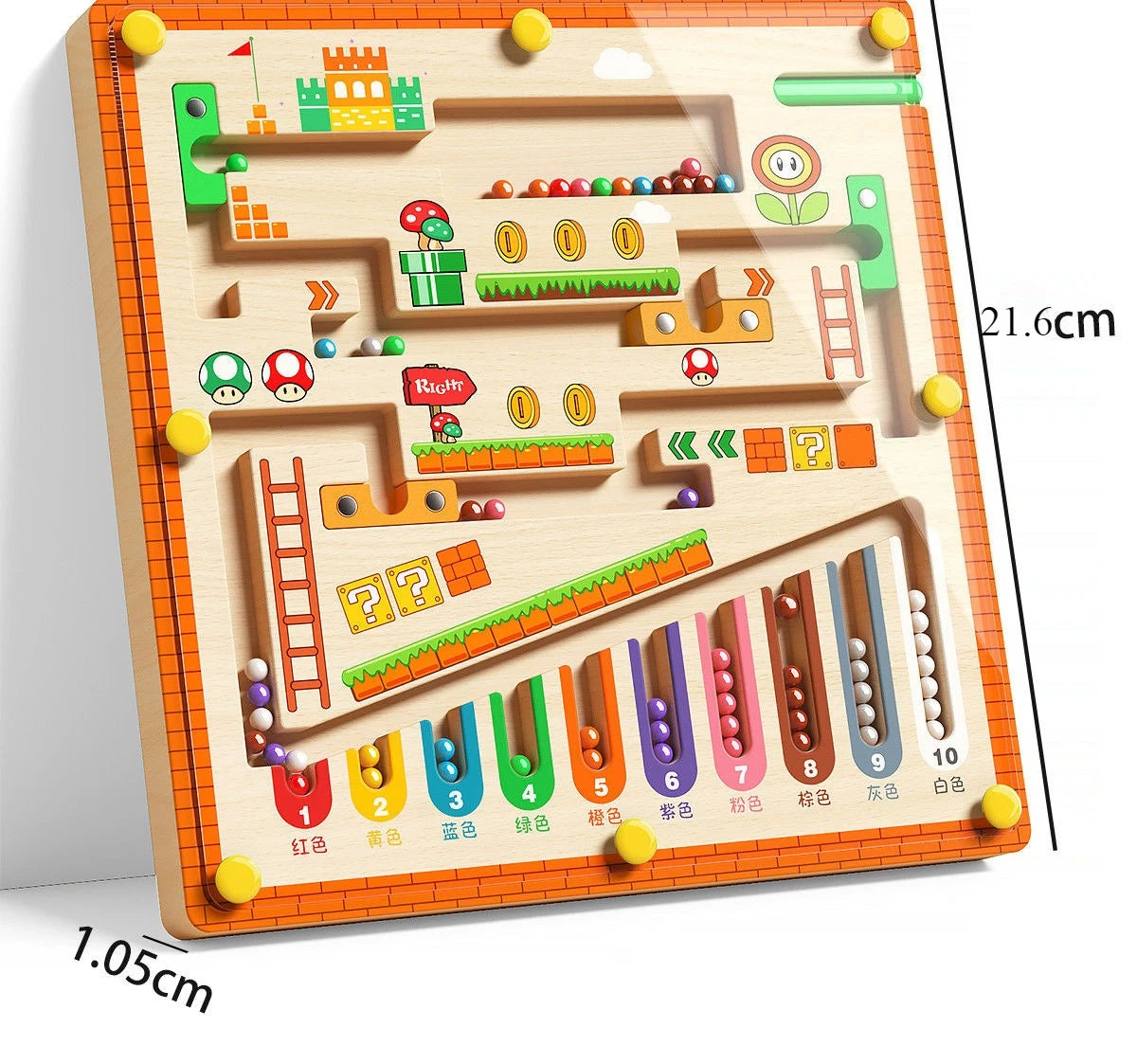 A wooden maze toy for counting and fine motor skills featuring colored blocks and numbers.