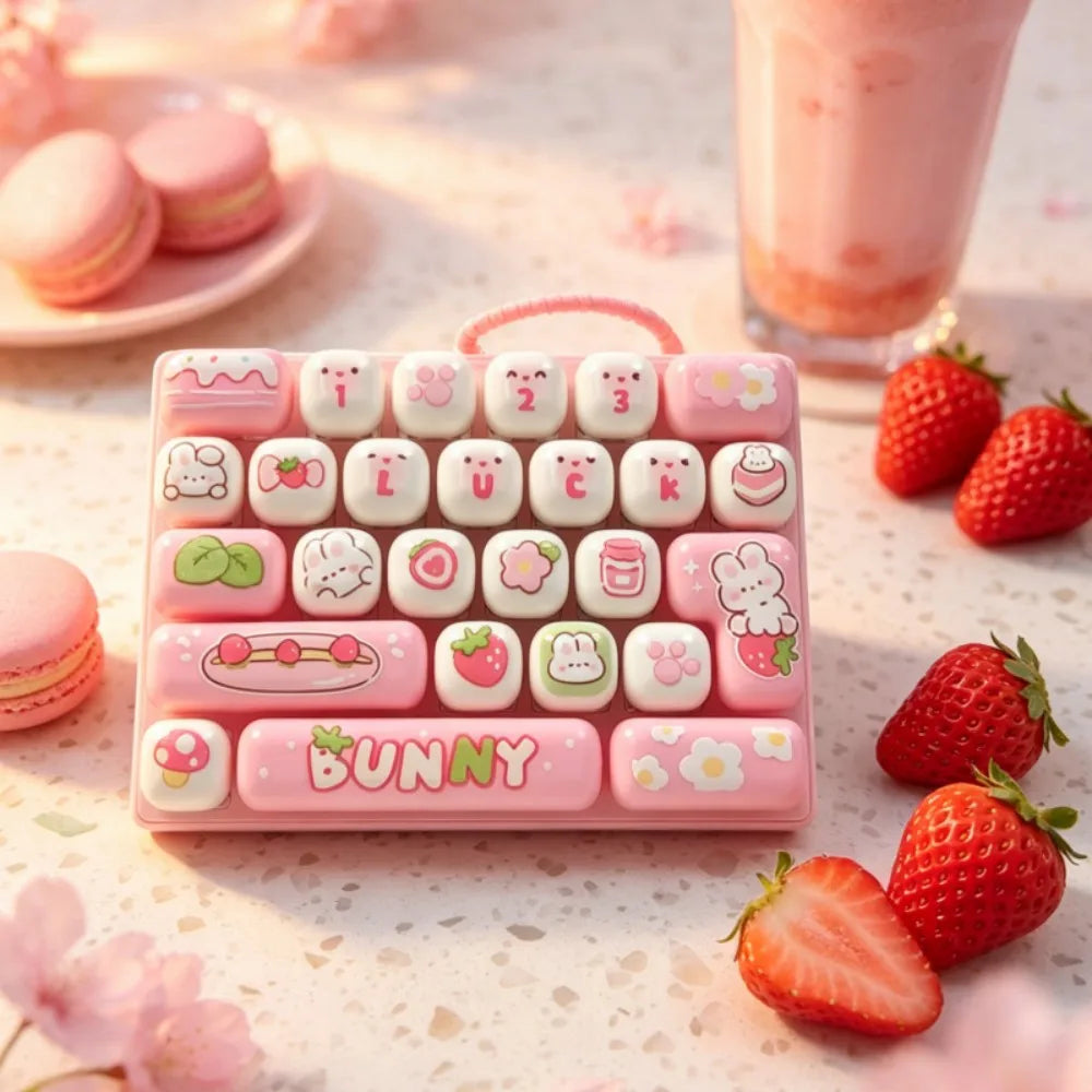 A pink and white cute keyboard keycap fidget stress relief charm with various numbers letters and a bunny keycap resting on a