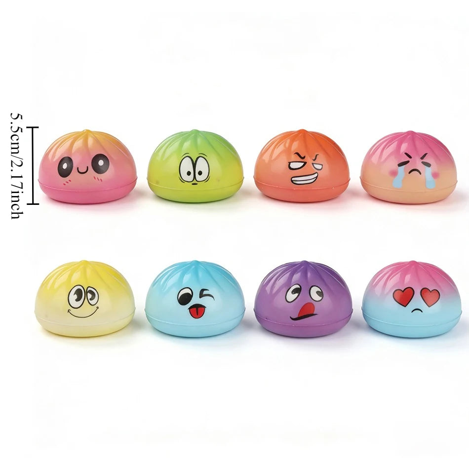 Sammlung farbenfroher Stressabbau-Fidget-Dumpling-Spielzeuge in verschiedenen Schattierungen wie rosa, grün, orange, gelb und