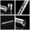 Close-up shots of an RGB metal lightsaber with sound effects and a removable blade, showing various angles and textures.