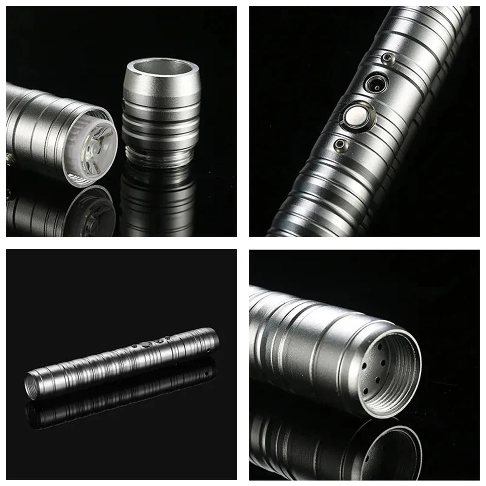 Close-up shots of an RGB metal lightsaber with sound effects and a removable blade, showing various angles and textures.