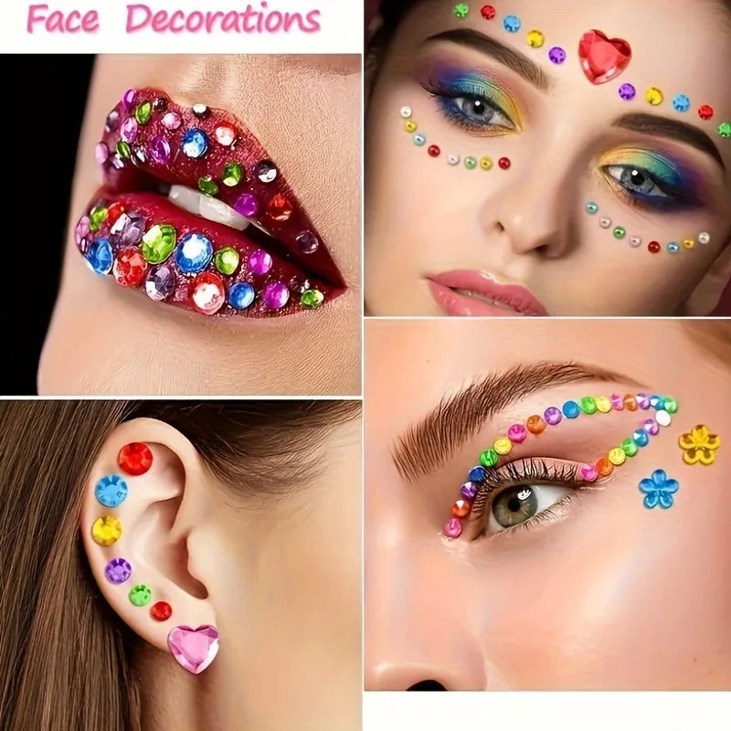 Close-up of a woman's face and lips decorated with colorful acrylic rhinestone stickers for beauty and craft projects
