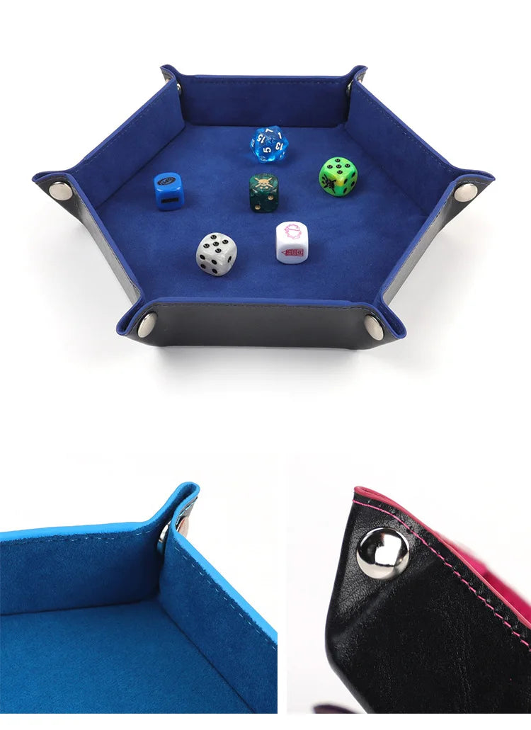 A hexagonal folding PU leather dice tray with various colored dice inside.
