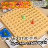 A yellow multiplication board game with numbered squares and colored pieces is shown for learning.