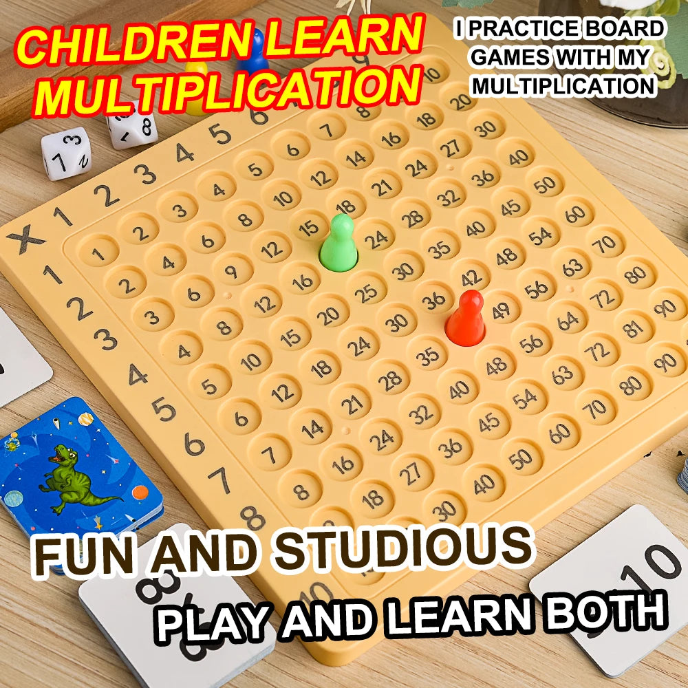 A yellow multiplication board game with numbered squares and colored pieces is shown for learning.