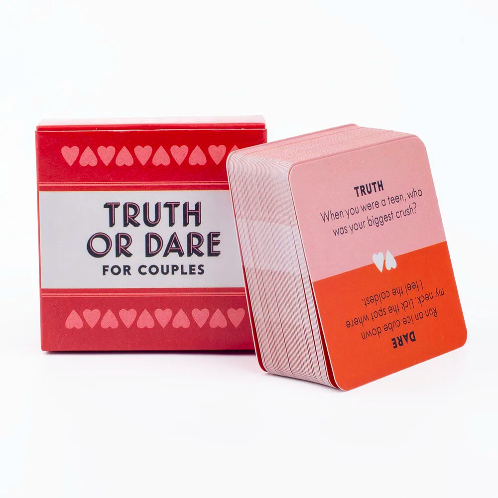 A box of Truth or Dare for Couples cards with a red and white design featuring prompts for date night fun.