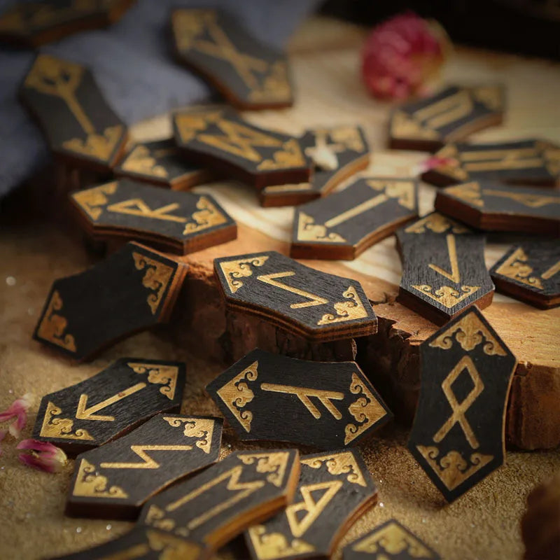 Wooden Rune Stone Set with Guide Book and Velvet Bag