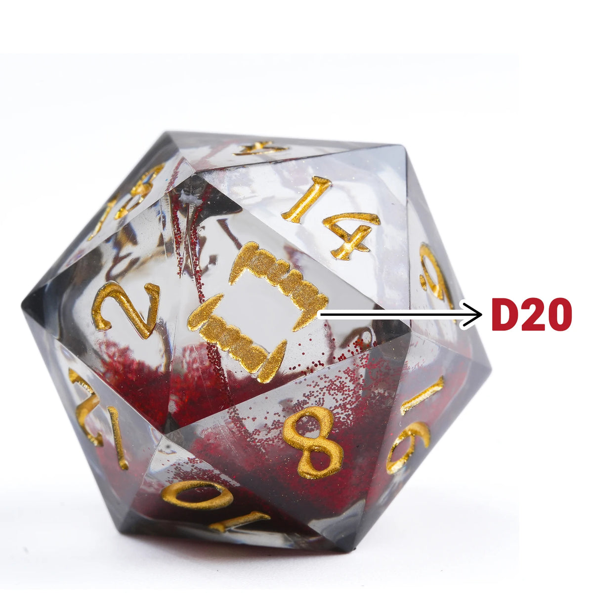 A transparent, faceted D20 polyhedral die made of liquid core resin with gold numbering.
