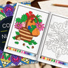 An open color by number book showing a page with floral designs and a page with leaf outlines.