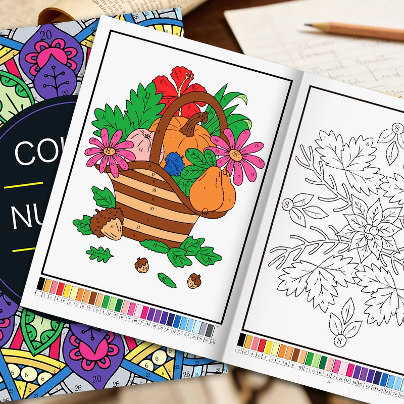 An open color by number book showing a page with floral designs and a page with leaf outlines.
