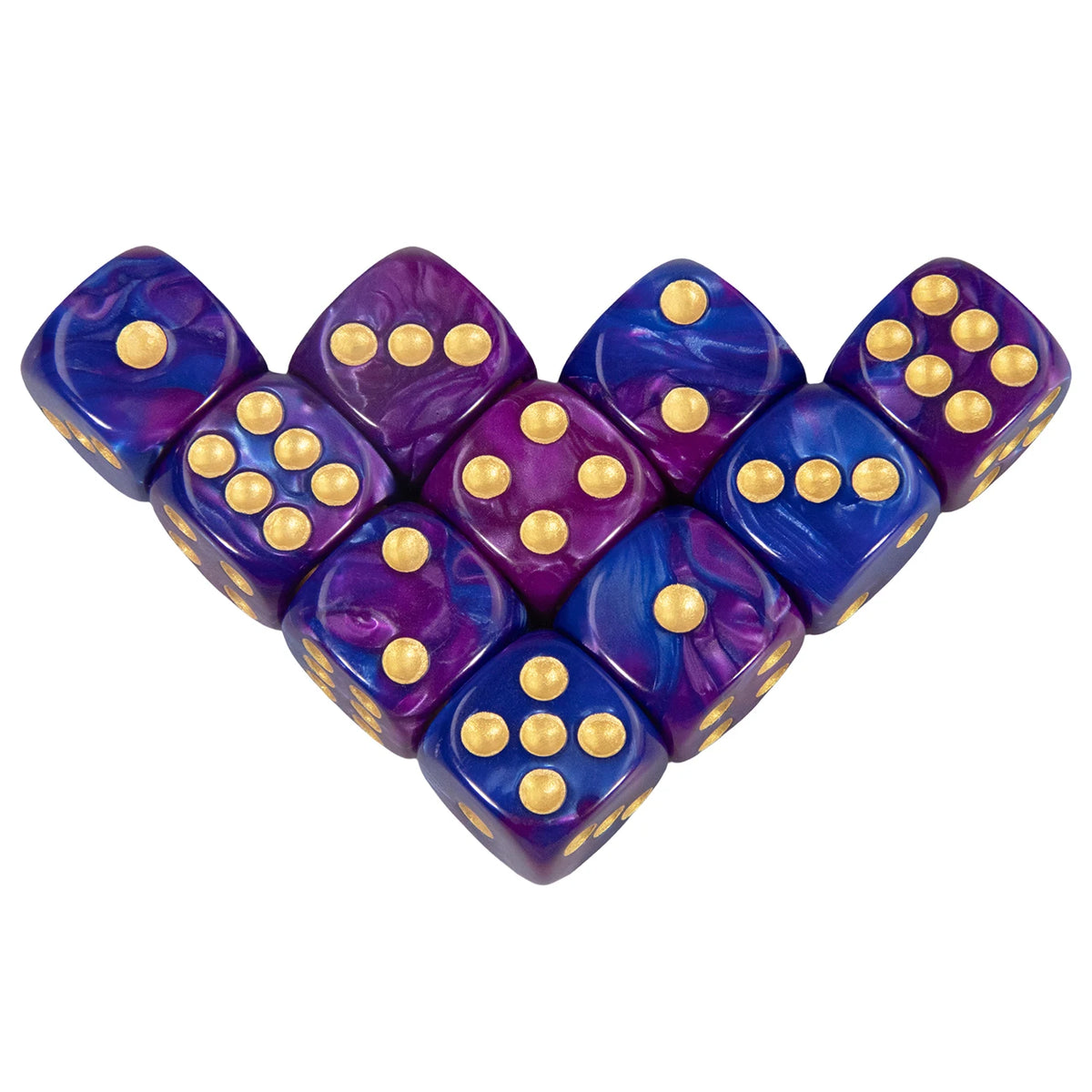 A set of ten 16mm acrylic D6 dice in multi-color shades of purple and blue with gold dots.