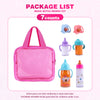 Pink magic bottle feeding toy package list showing 7 counts including a pink bag and various colored bottles
