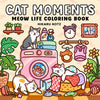 A coloring book featuring cute cat moments like meowing, laundry, and various cats in a cozy style.
