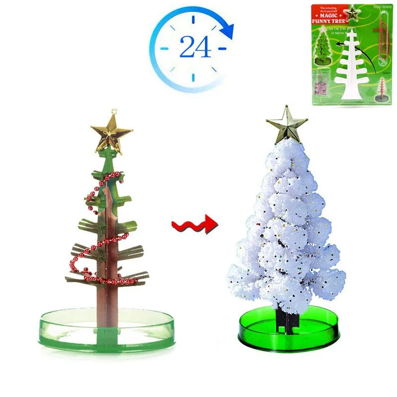 A crystal growing tree science kit featuring a green tree with red decorations and a white snowy tree.