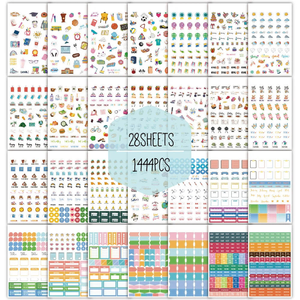 A large collection of 1444 daily planner stickers featuring various icons, designs, and elements for journals and calendars.