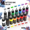 A collection of 14 tattoo ink colors in black and colored bottles, showing various shades for permanent makeup and body art.