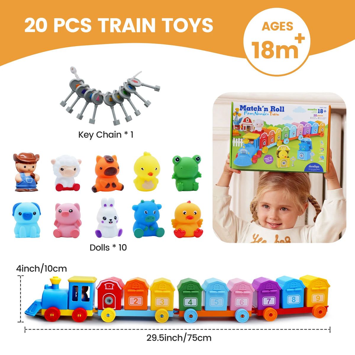A set of 20 pieces including a key chain, 10 dolls, and a train set with farm animals for toddlers.