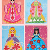 Four illustrations of princesses in colorful dresses and makeup sets for kids