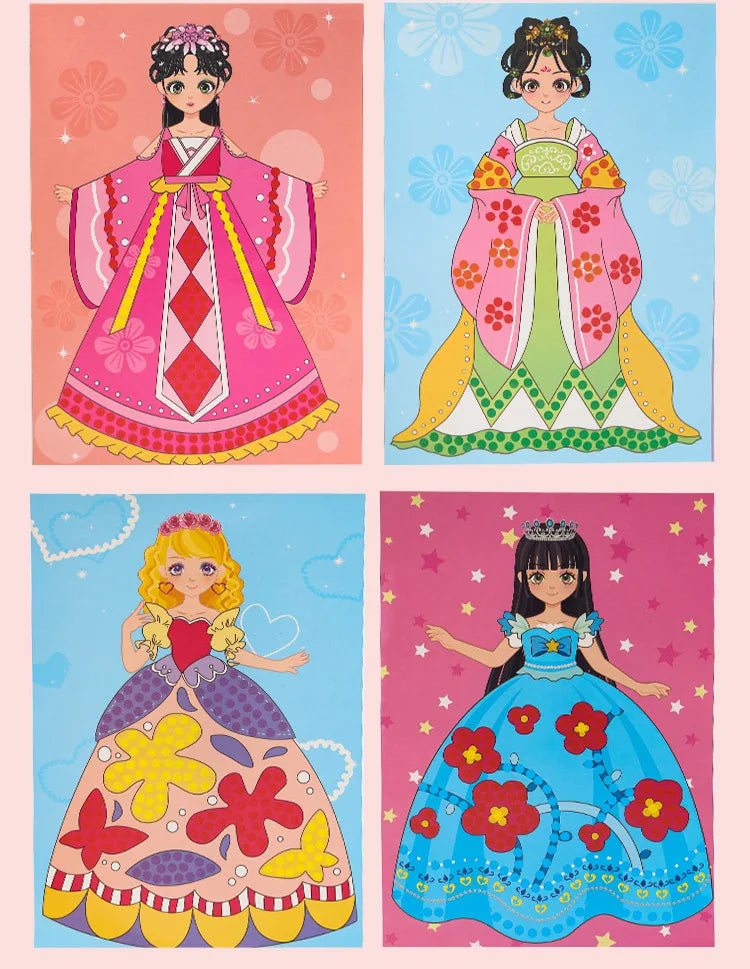 Four illustrations of princesses in colorful dresses and makeup sets for kids
