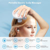 A hand is using a portable electric scalp massager on a woman's head, highlighting its soft silicone material and ergonomic d